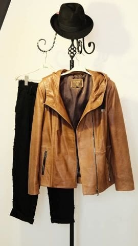 Hakiki Deri Kapşonlu   Taba Rengi Mont