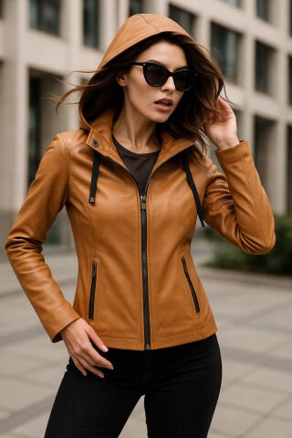 Hakiki Deri Kapşonlu   Taba Rengi Mont