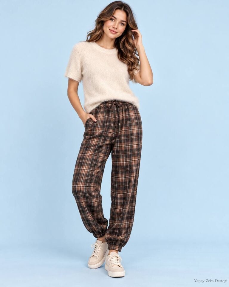 Pamuklu Kareli Kumaş  Beli Lastikli Paçası Büzgülü Pantalon