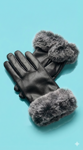 Siyah Deri Kürklü Miflonlu Kadın Eldiven