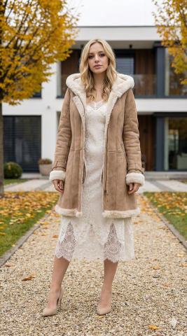 Bej Rengi Hakiki Nubuk İçi Kürklü Kapüşonlu Kaban