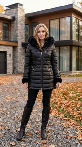 Siyah Hakiki Deri Şişme Kapüşonlu Kaban