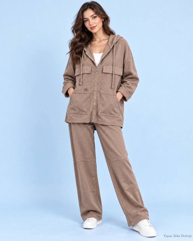 Likralı Cotton Gabardin  Yıkamalı Büyük Beden Kapşonlu Eşofman