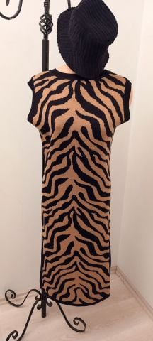 Camel   Siyah  Zebra Desenli Kolsuz Triko Dar Elbise
