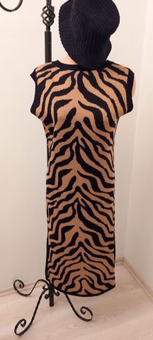 Camel   Siyah  Zebra Desenli Kolsuz Triko Dar Elbise