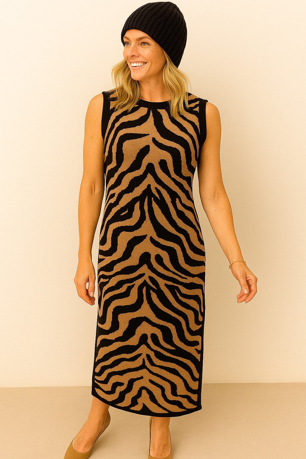 Camel   Siyah  Zebra Desenli Kolsuz Triko Dar Elbise