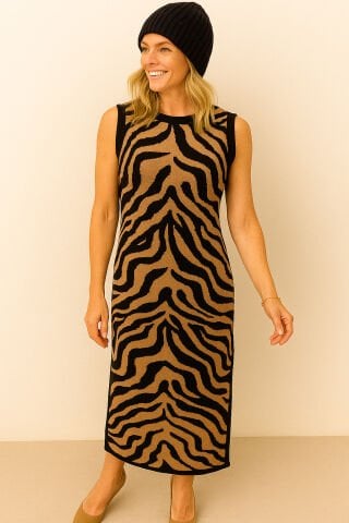 Camel   Siyah  Zebra Desenli Kolsuz Triko Dar Elbise