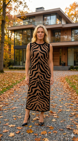 Camel Siyah Zebra Desenli Kolsuz Triko Elbise