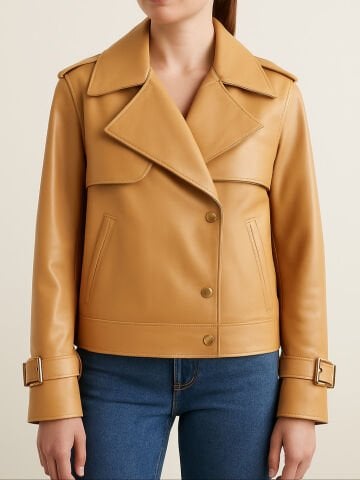 Camel Hakiki Deri Tokalı Bant Detaylı Büyük Yakalı Ceket