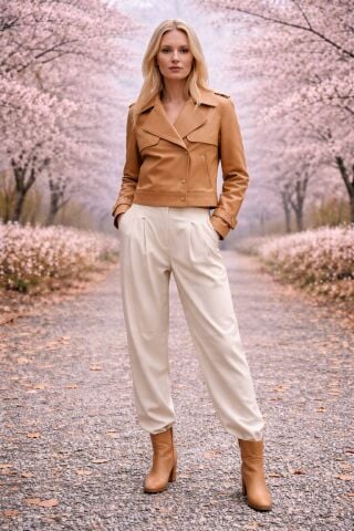 Hakiki Deri Tokalı Bant Detaylı Büyük Yakalı Camel  Ceket