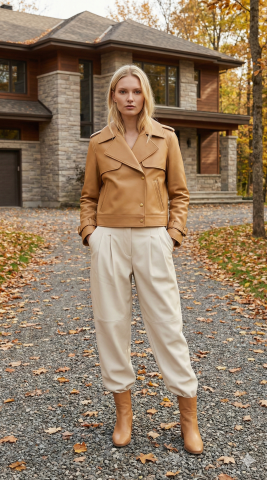 Hakiki Deri Tokalı Bant Detaylı Büyük Yakalı Camel  Ceket