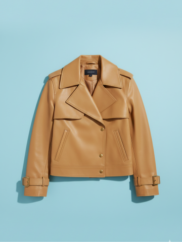 Camel Hakiki Deri Tokalı Bant Detaylı Büyük Yakalı Ceket