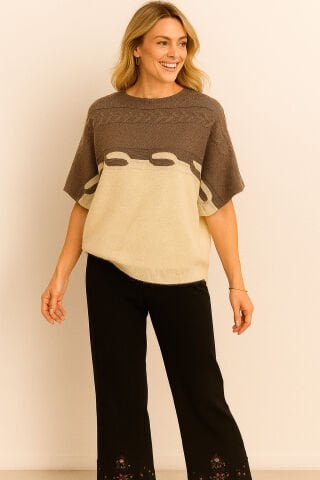 Kısa Kollu Vizon Sarılı Sac Örgü Trıko Kazak