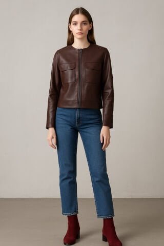 Koyu Bordo Hakiki Deri Yakasız Chanel Modeli Ceke