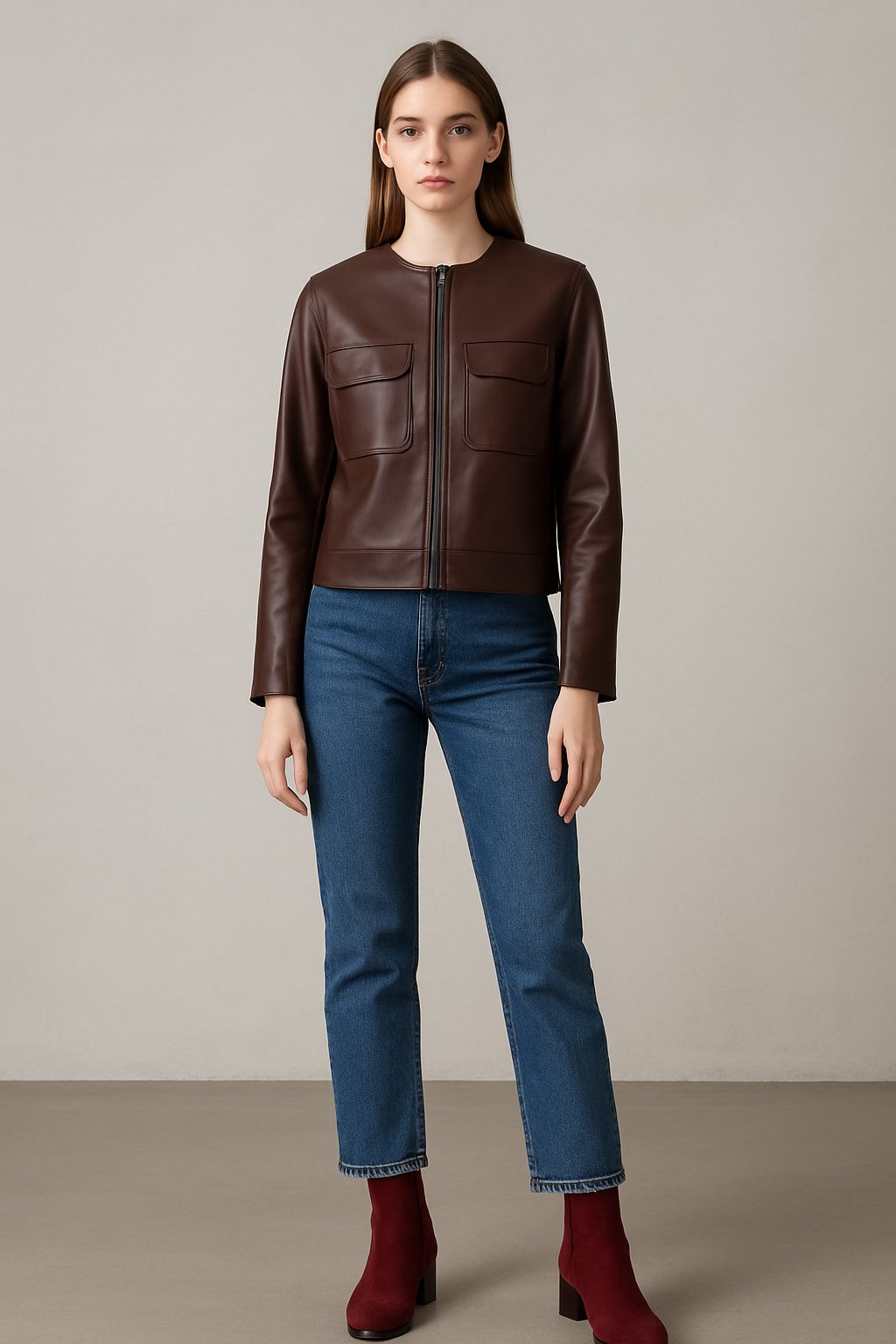Koyu Bordo Hakiki Deri Yakasız Chanel Modeli Ceke