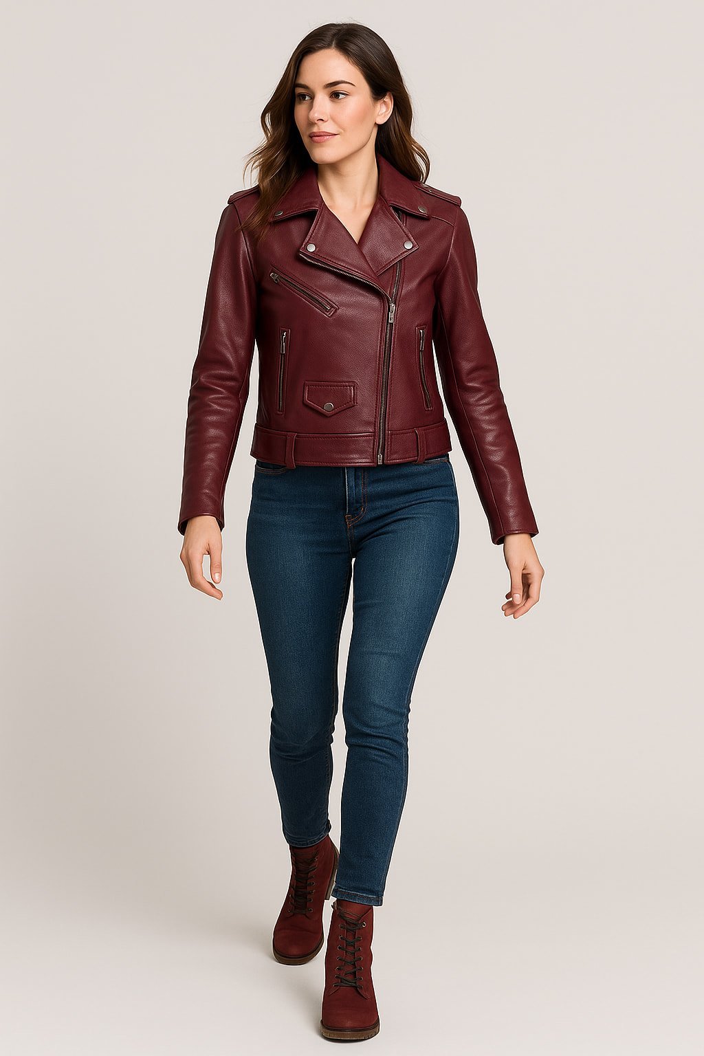 Bordo  Hakiki Deri Fermuar Detaylı Yaka Zımbalı Ceket