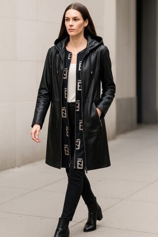 Siyah  Hakiki Deri Kapşonlu Diz Altı Pardesü