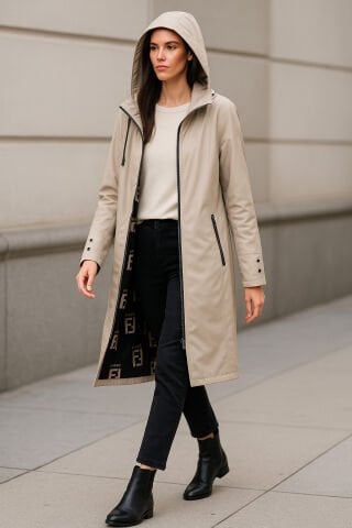 Kemik Sedef Rengi  Hakiki Deri Kapşonlu Diz Altı Pardesü