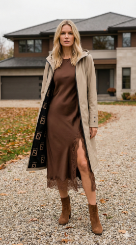 Kemik Sedef Rengi  Hakiki Deri Kapüşonlu Diz Altı Pardesü