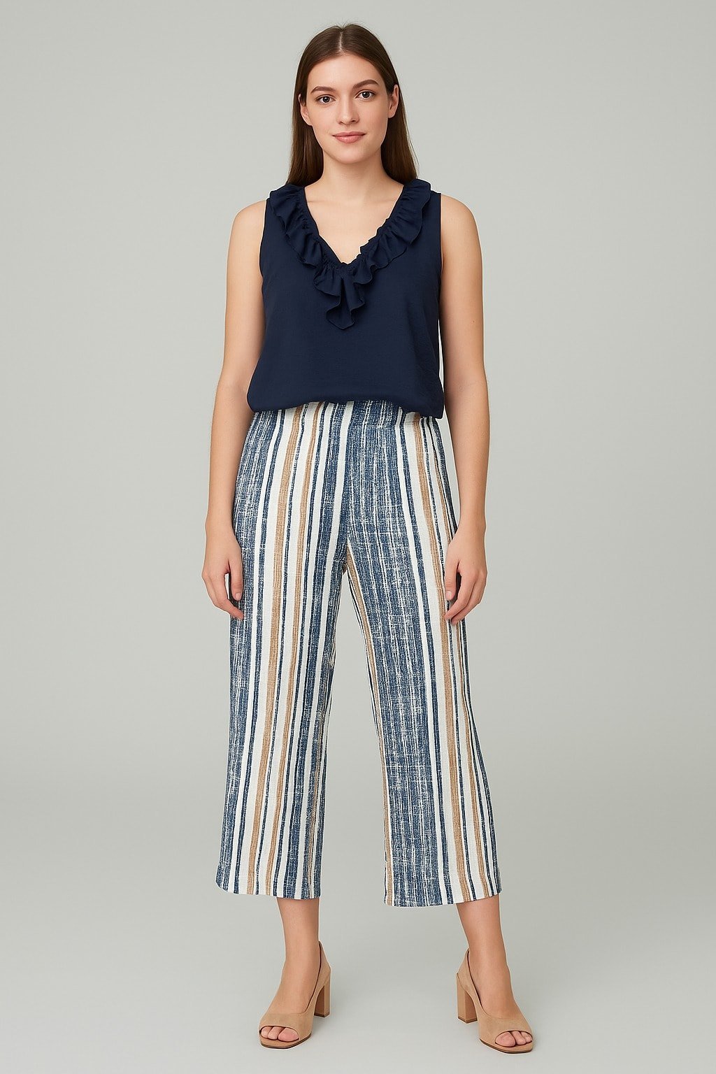 Lacivert Gri Çizgili Bol Paça Beli Lastikli  Pantalon