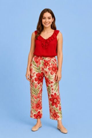 İtalyan  Kırmızı Çiçekli   Beli Lastikli  Poplin Pantalon