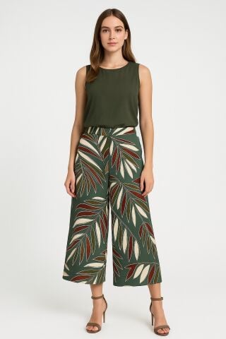 İtalyan Koyu Yeşil  Viskon  Desenli Pantalon