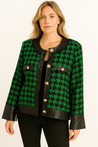 Siyah Yeşil Kareli Deri Biyeli Kısa Ceket
