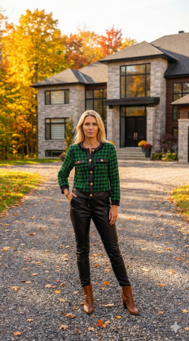 Siyah Yeşil Kareli Deri Biyeli Kısa Ceket