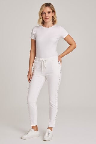 İtalyan Likrali Beli Lastikli Yanları Taşlı  Beyaz Rengi Pantalon