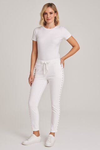 İtalyan Likrali Beli Lastikli Yanları Taşlı  Beyaz Rengi Pantalon
