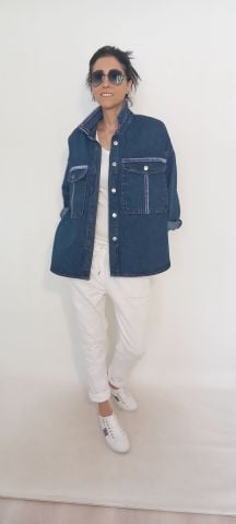 Koyu Jean Rengi Ebruli Şeritli Oversize  Cepli Yakalı Ceket