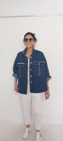 Koyu Jean Rengi Ebruli Şeritli Oversize  Cepli Yakalı Ceket