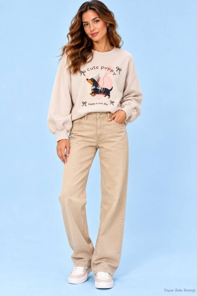 Önünde Hayvancık Resmi Olan Bej Rengi Sweatshirt