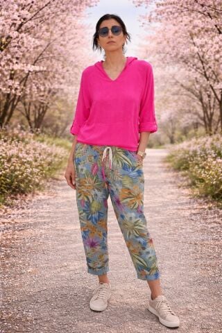 Fuşya İtalyan Keten Kanguru Modeli   Kapşonlu  Cep  Bluz