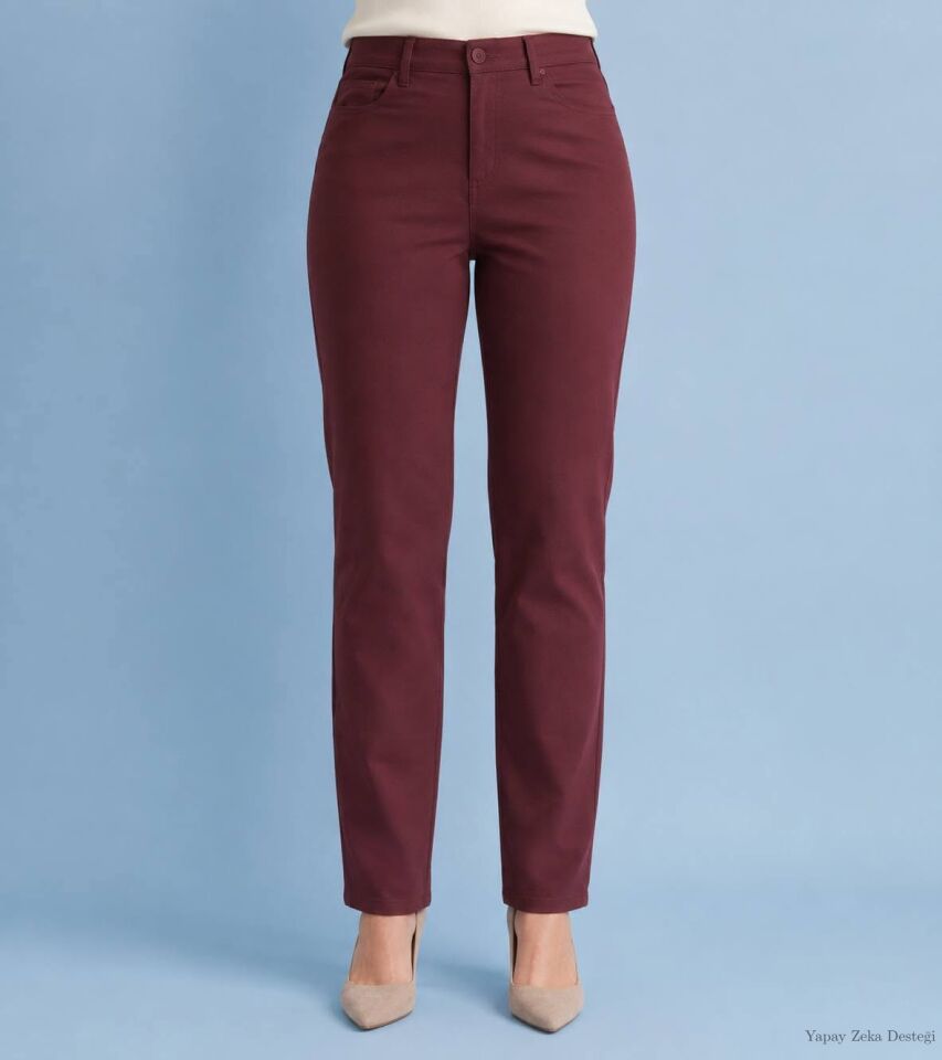 Bordo Full  likralı Boru Paça Pantalon