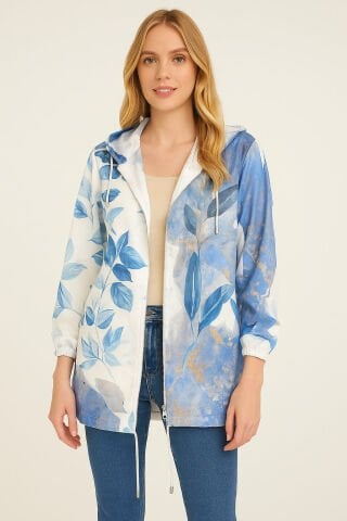 İtalyan Kapşonlu Mavi  Varaklı Desenli Mont