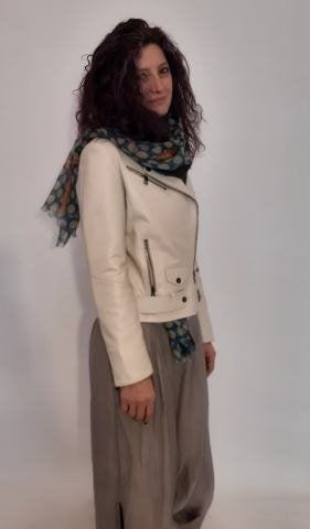 Kemik Rengi Hakiki Deri Kısa Droplu  Fermuarlı Mont