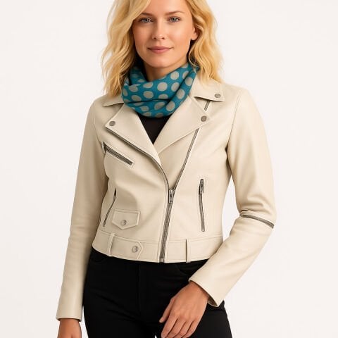 Kemik Rengi Hakiki Deri Kısa Droplu  Fermuarlı Mont