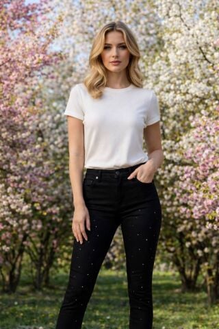 Siyah Jean Strech  Taşlı  Skin Pantalon
