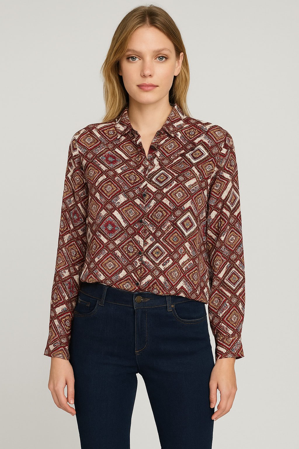 İtalyan Vual Bordo  Kilim Desenli Gömlek
