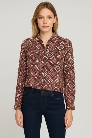 İtalyan Vual Bordo  Kilim Desenli Gömlek