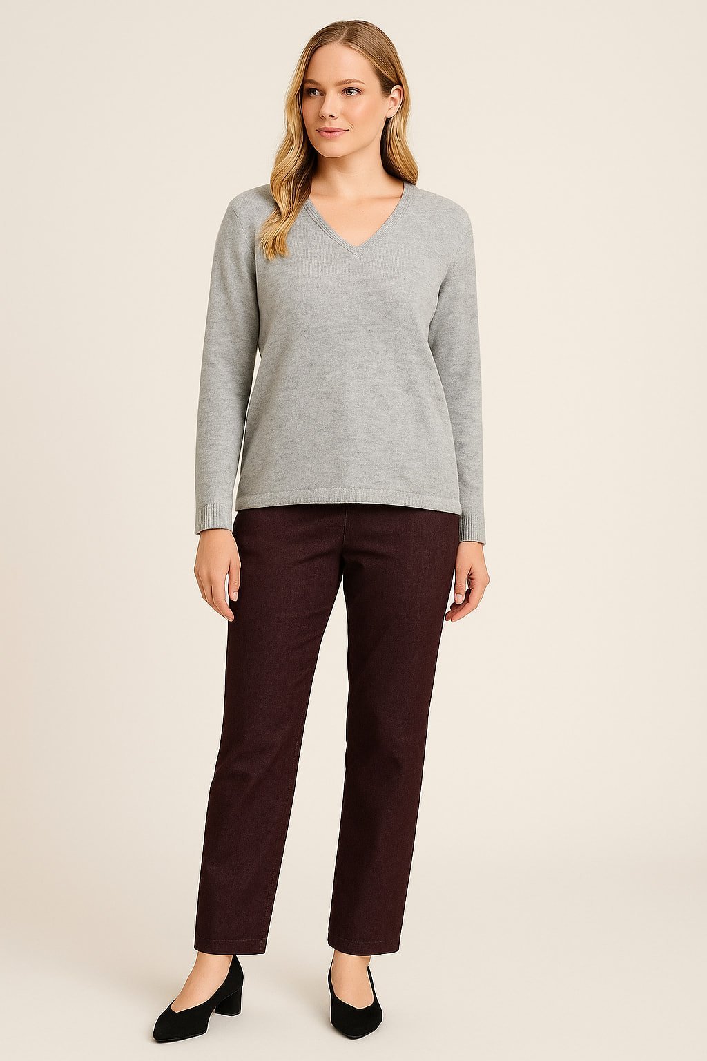 Büyük Beden  Gri V Yaka Yumuşacık Triko