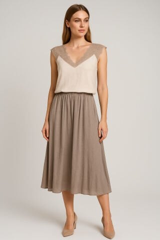 İtalyan Bej Rengi Dantelli  İpek Atlet