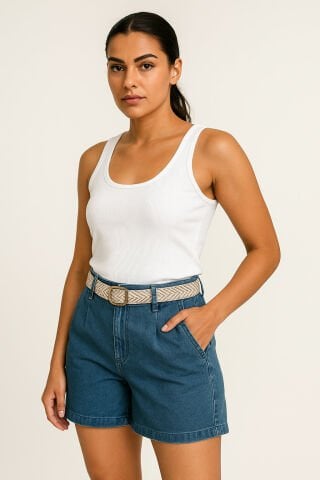İtalyan Jean İndigo  Kemerli Şort