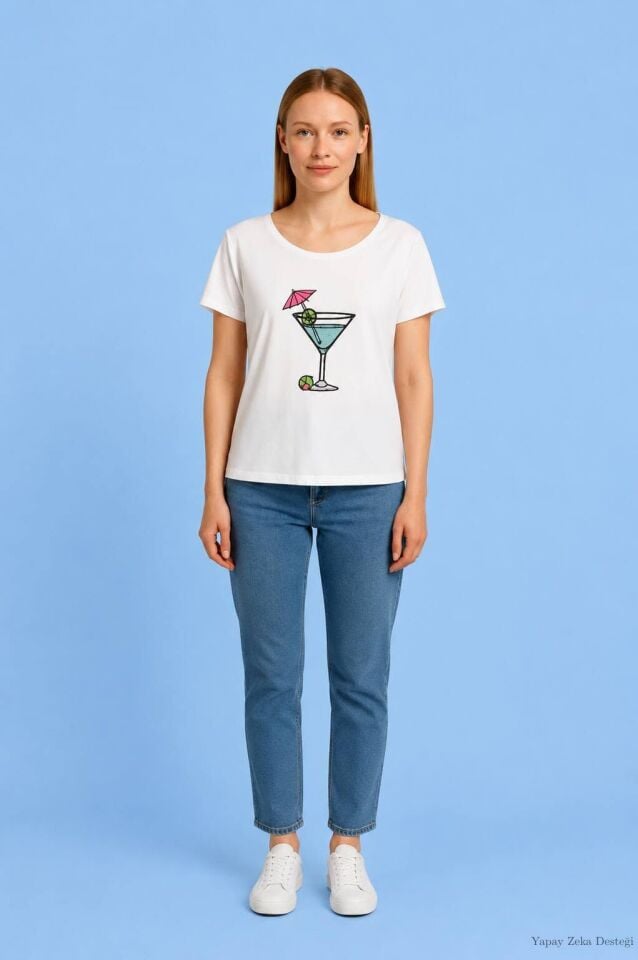 Kısa Kollu Beyaz Önünde Kadeh Resmi Olan Cotton Bluz