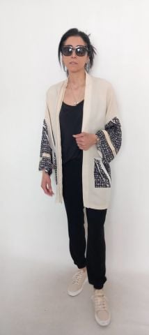 Bej Rengi  Siyah Desnli Kimono modeli ceket