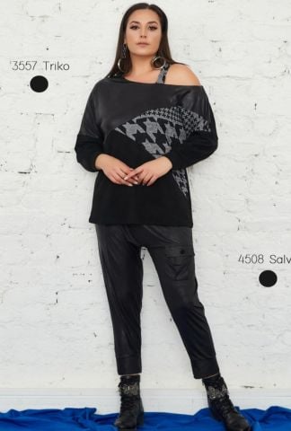 Büyük Beden Siyah Kazayagı Kombinli Omuz Esprili Tunik