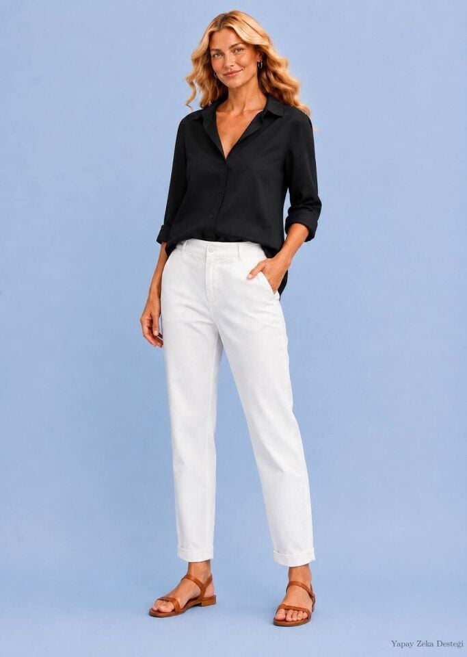 Kanvas Beyaz  Likrali Beş Çep Pantalon Dar Paça