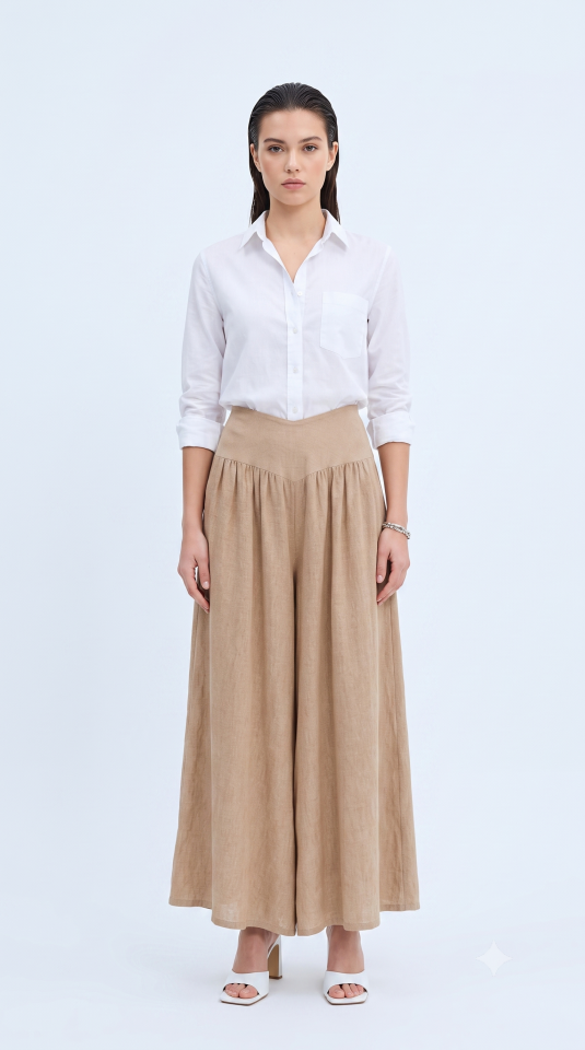 İnce Keten Camel Rengi İtalyan Pantolon Etek
