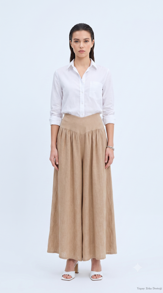 İnce Keten Camel Rengi İtalyan Pantolon Etek